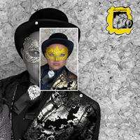 "Guest in sequin jacket and masquerade mask posing at PIC-A-BOOTH with floral backdrop and top hat"